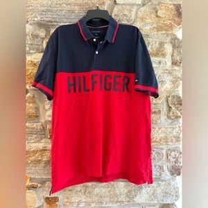 Tommy Hilfiger Spell Out Two Tone Rugby Polo Shirt Men’s size XL navy & red